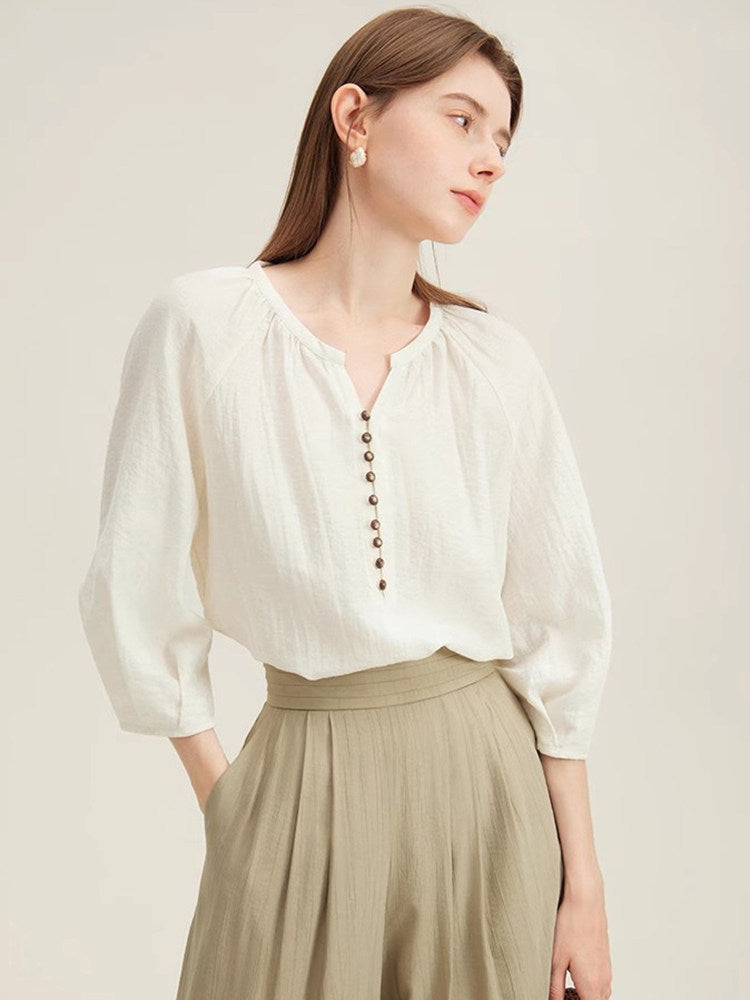 Retro round neck three-quarter sleeve linen shirt