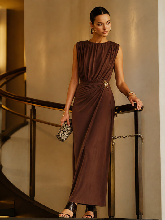 brown round neck sleeveless twisted maxi dress