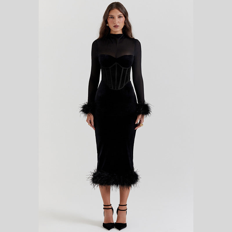 Furry Waist-cinching Mesh Patchwork maxi Dress
