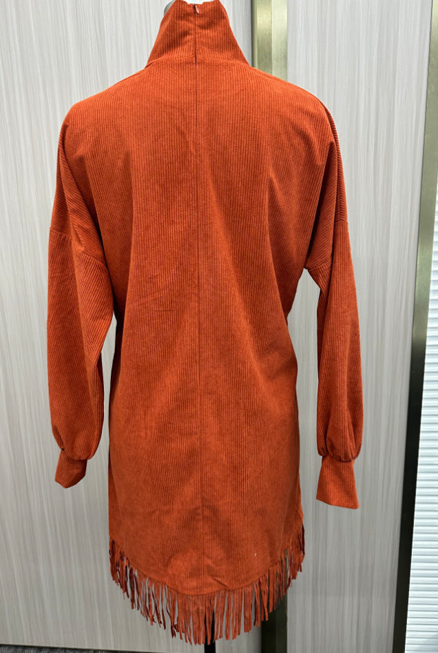 Orange Corduroy Loose Tassel Hem High Collar Dress