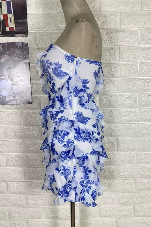 blue bandeau ruffled  wrap mini dress