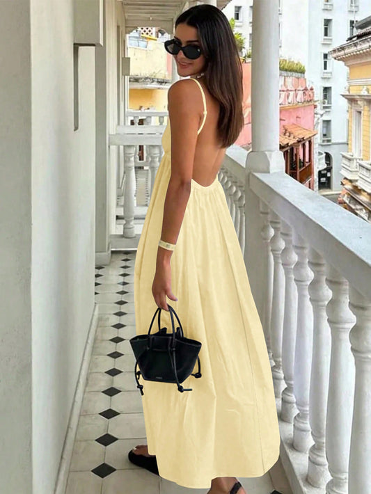 yellow suspender deep V high-waisted loose dress