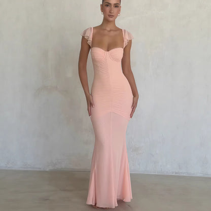 pink mesh mermaid strapless bodycon pleated slip dress