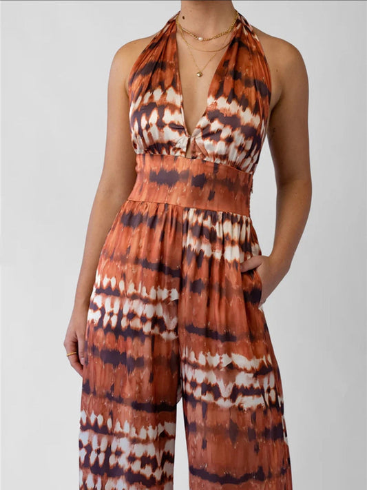satin leopard print halterneck lace-up backless long jumpsuit
