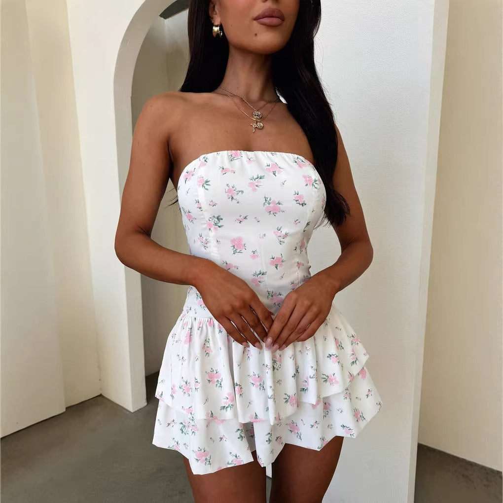 white floral printed bandeau open back mini dress