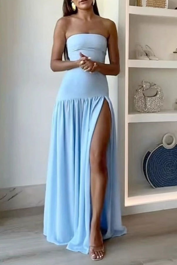 blue Off-the-Shoulder Bandeau High Slit Dress