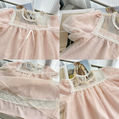 Polka dot tulle puff sleeve mini dress - pink
