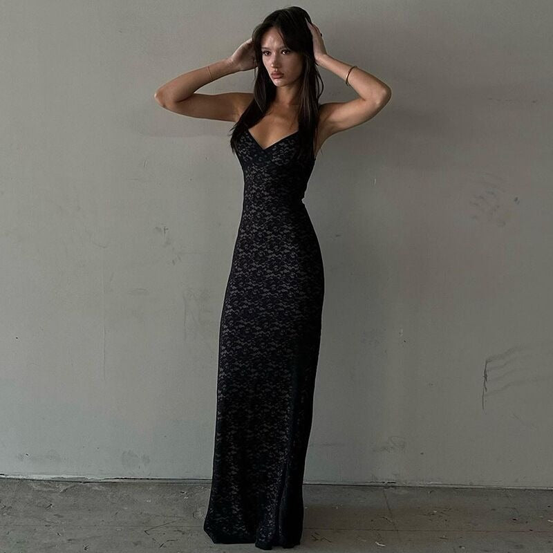 Deep V Lace Halter Back Maxi Dress