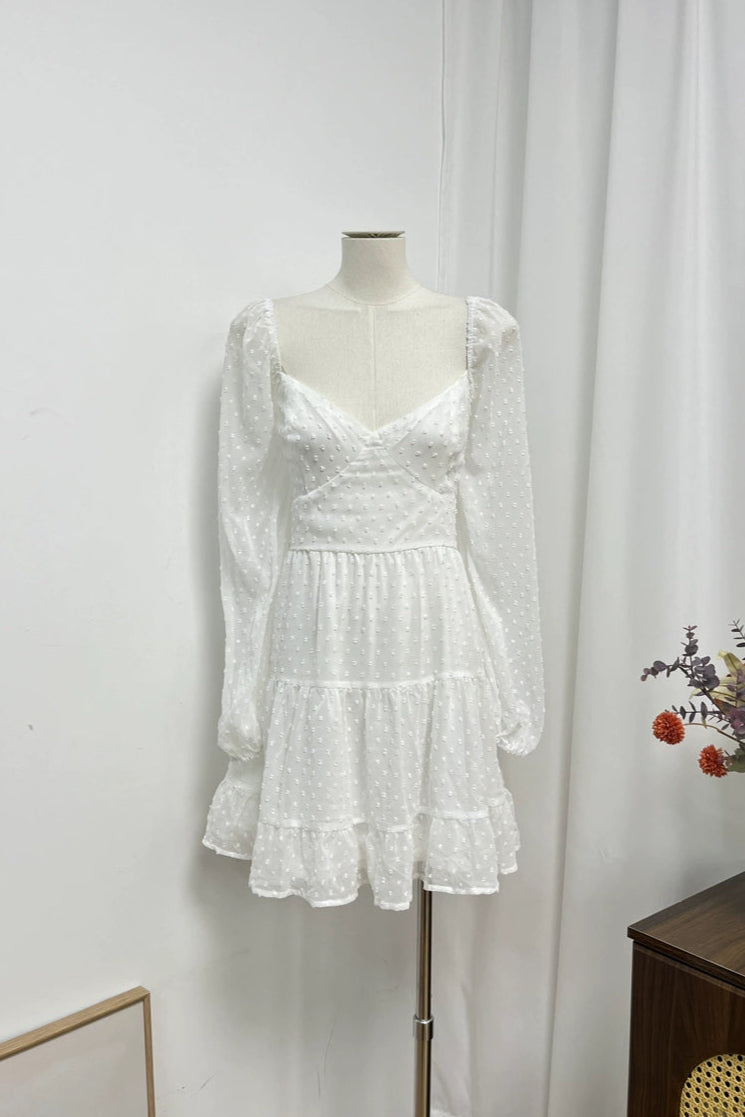 jacquard polka dot chiffon long sleeves open back dress