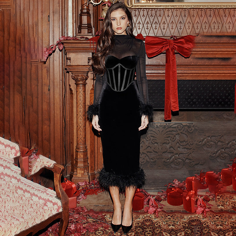 Furry Waist-cinching Mesh Patchwork maxi Dress