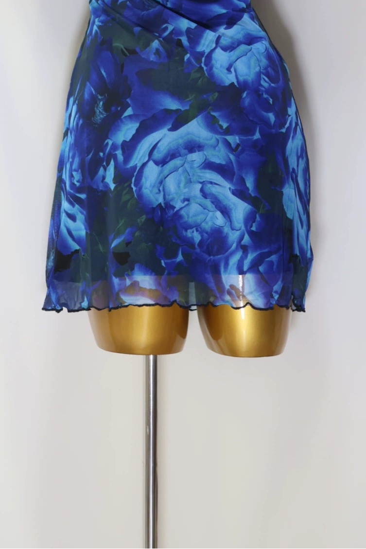 blue mesh suspender mini dress