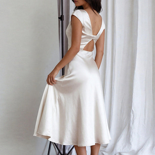 white Crew Neck Slit Slim Dress