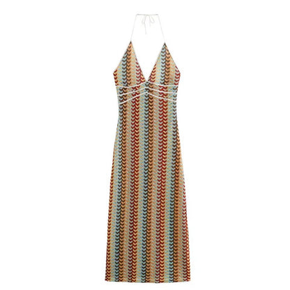 Striped Halterneck Deep V Hip Wrap Dress