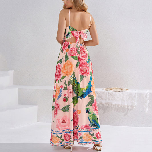printed slip backless tie-up dress