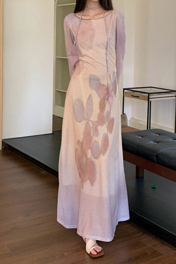 Mesh floral Print Long-Sleeve maxi Dress