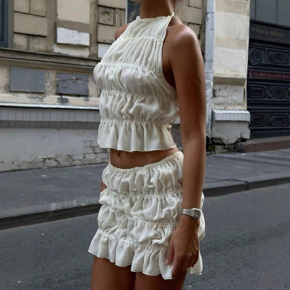 Halter-neck backless chiffon top and skirt set