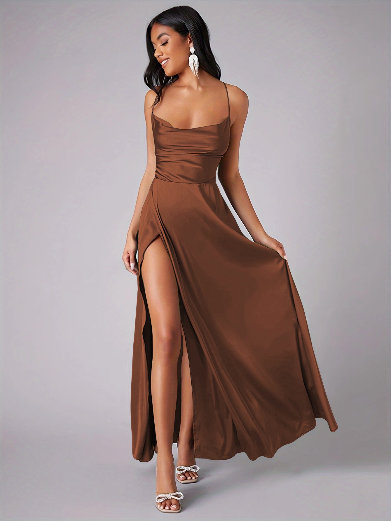 brown Slit-front fitted backless slip dress