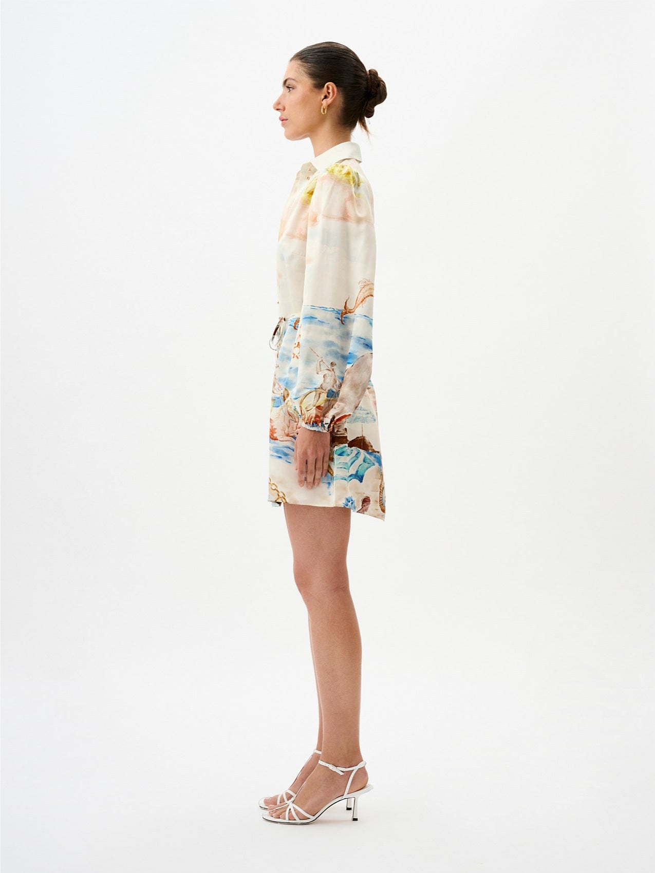 Printed puff long-sleeved collared mini dress