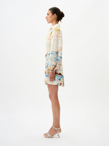 Printed puff long-sleeved collared mini dress