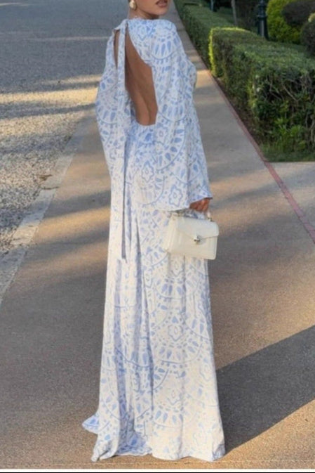 blue printed long sleeve backless maxi dress