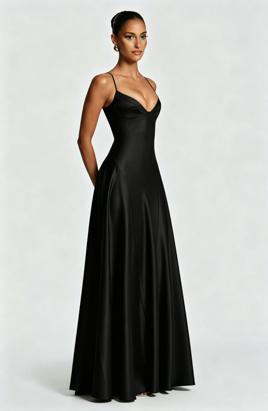 black Spaghetti Deep V Large Swing maxi Dress