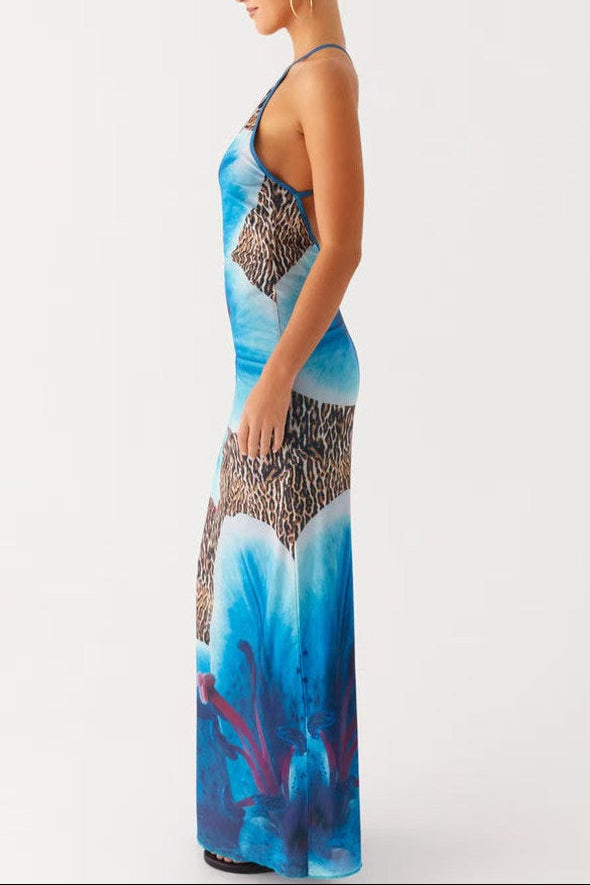 Blue Leopard Print Slingback Slingback Slip Dress
