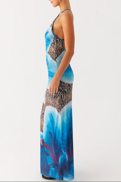 Blue Leopard Print Slingback Slingback Slip Dress