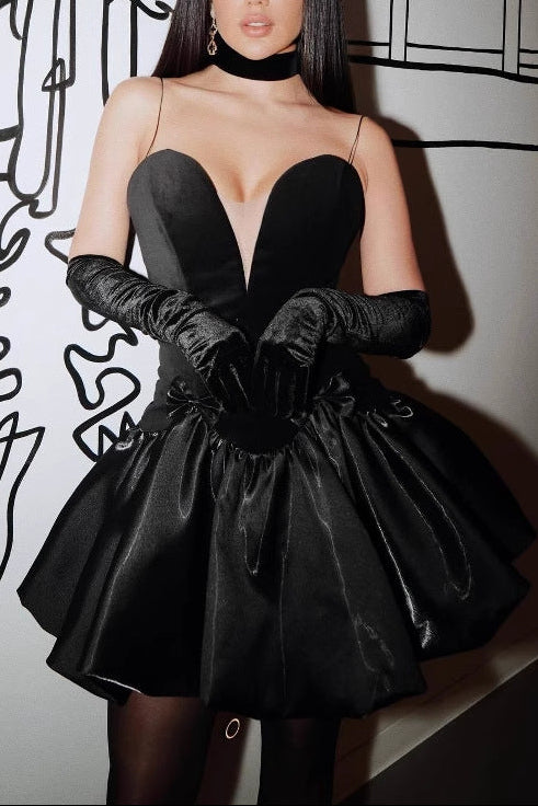 black Strapless puff mini dress