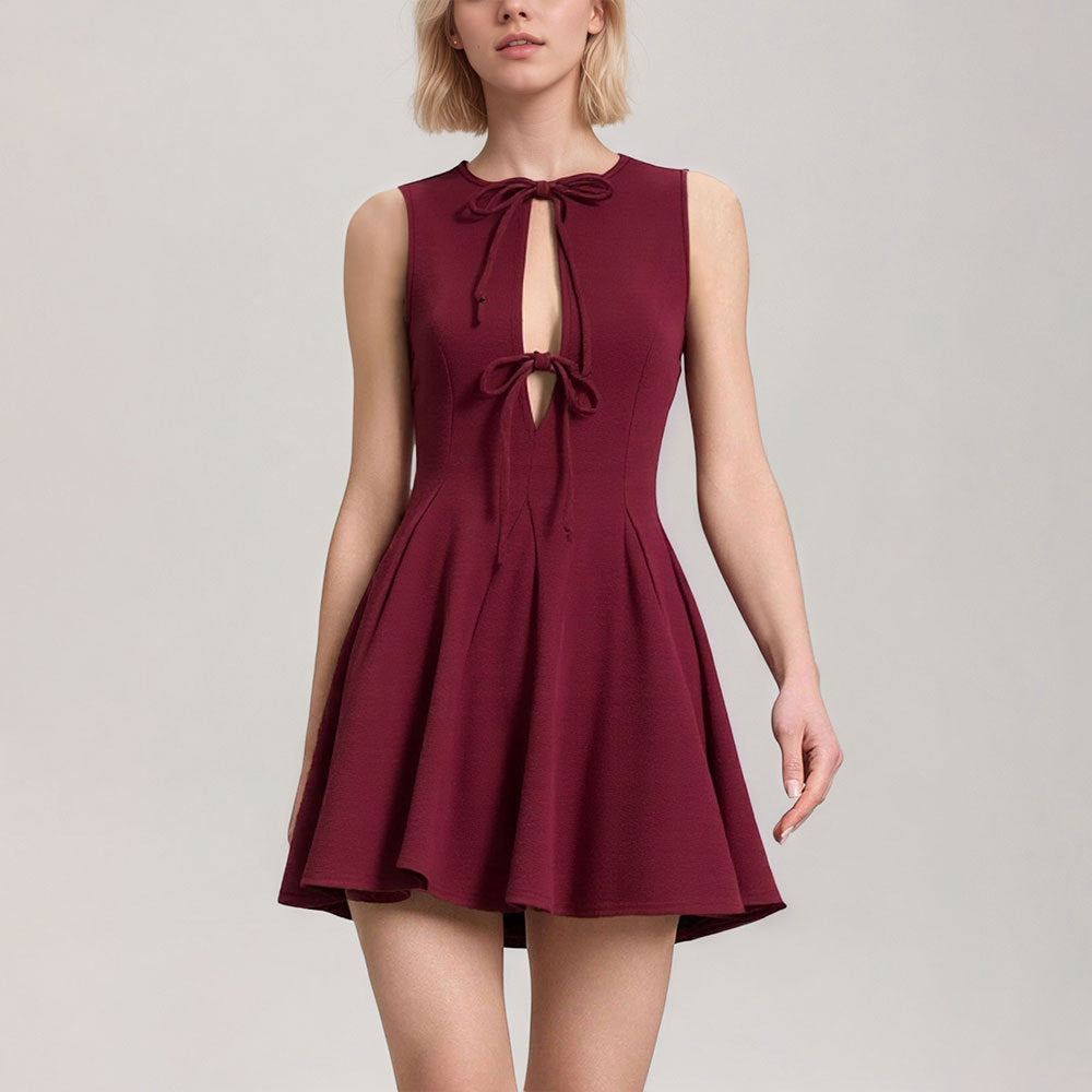 red Patchwork sleeveless fitted waist bow dress