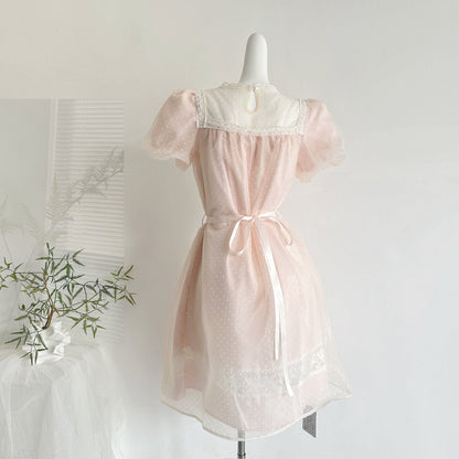 Polka dot tulle puff sleeve mini dress - pink