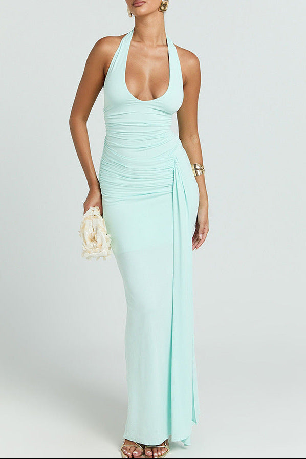 green deep V halterneck open back streamer dress