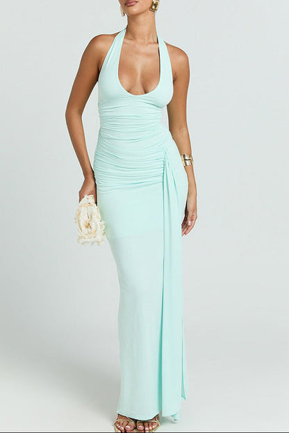 green deep V halterneck open back streamer dress