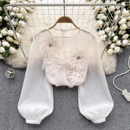 3D floral puff sleeve tulle shirt