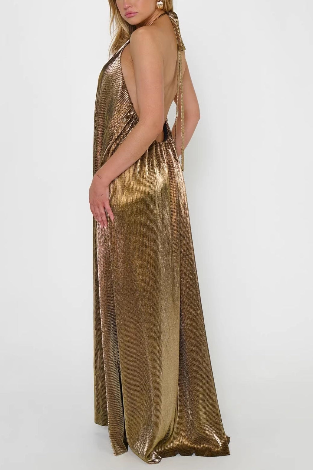 gold loose backless halterneck dress