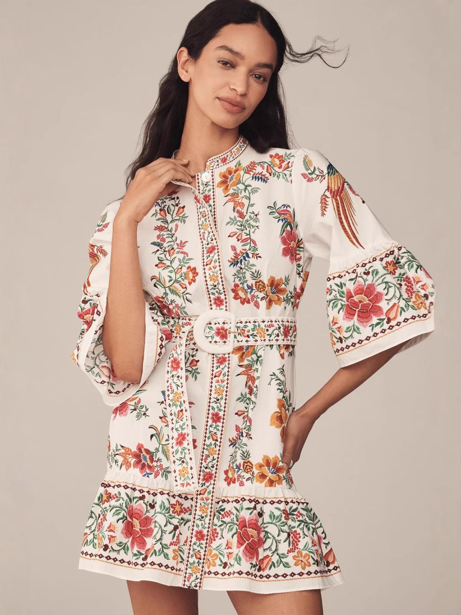 V-neck linen printed lantern sleeve ruffled mini dress