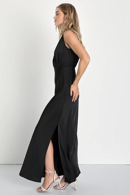 black stand collar slit banquet dress