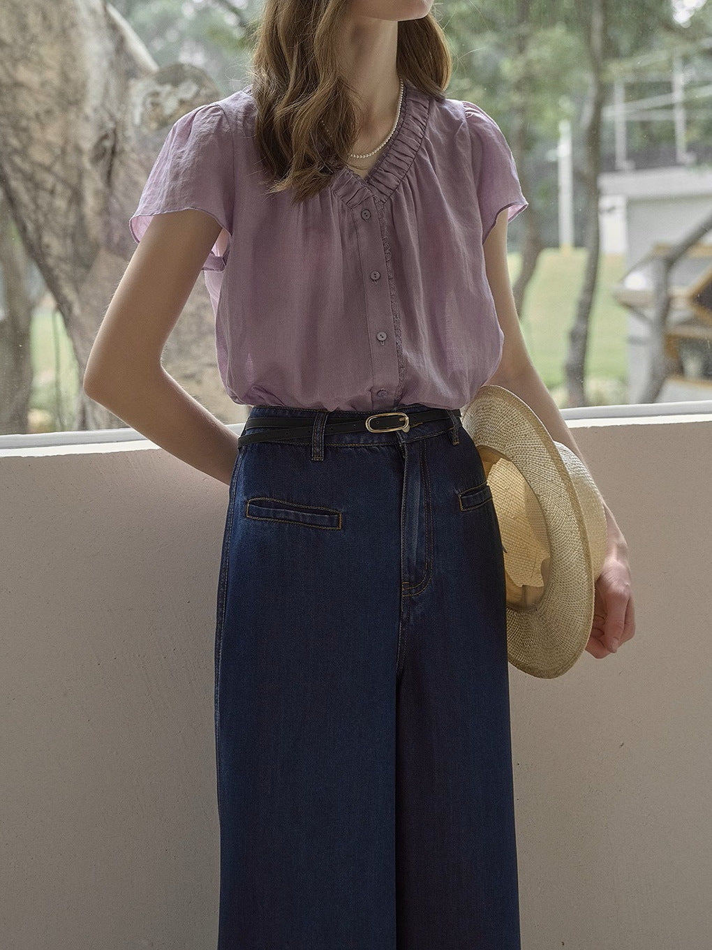 purple short-sleeve V-neck shirt