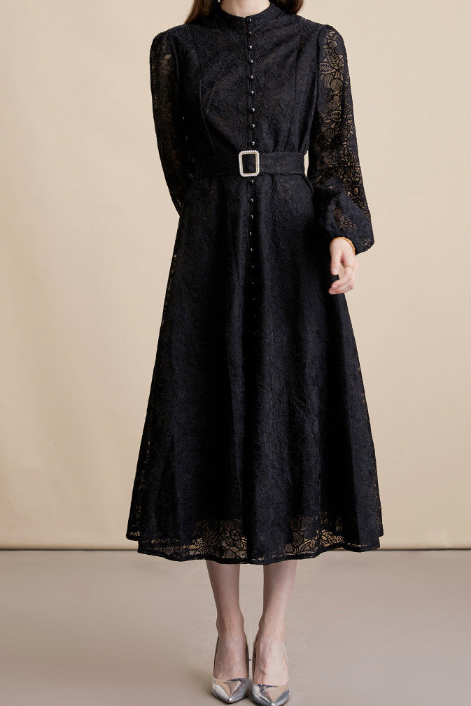 Lace embroidered stand-up collar single-breasted full skirt dress