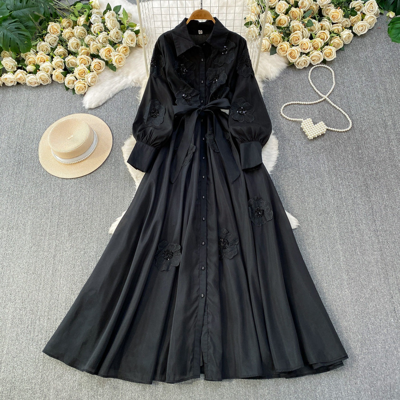 Summer Beaded 3D Floral Collar maxi Dress