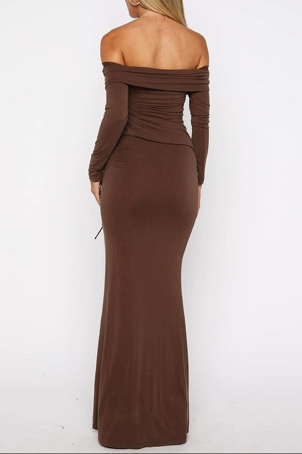 brown Off-the-shoulder drawstring long-sleeved bodycon dress