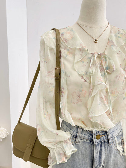 Chiffon V-neck floral bell sleeve blouse