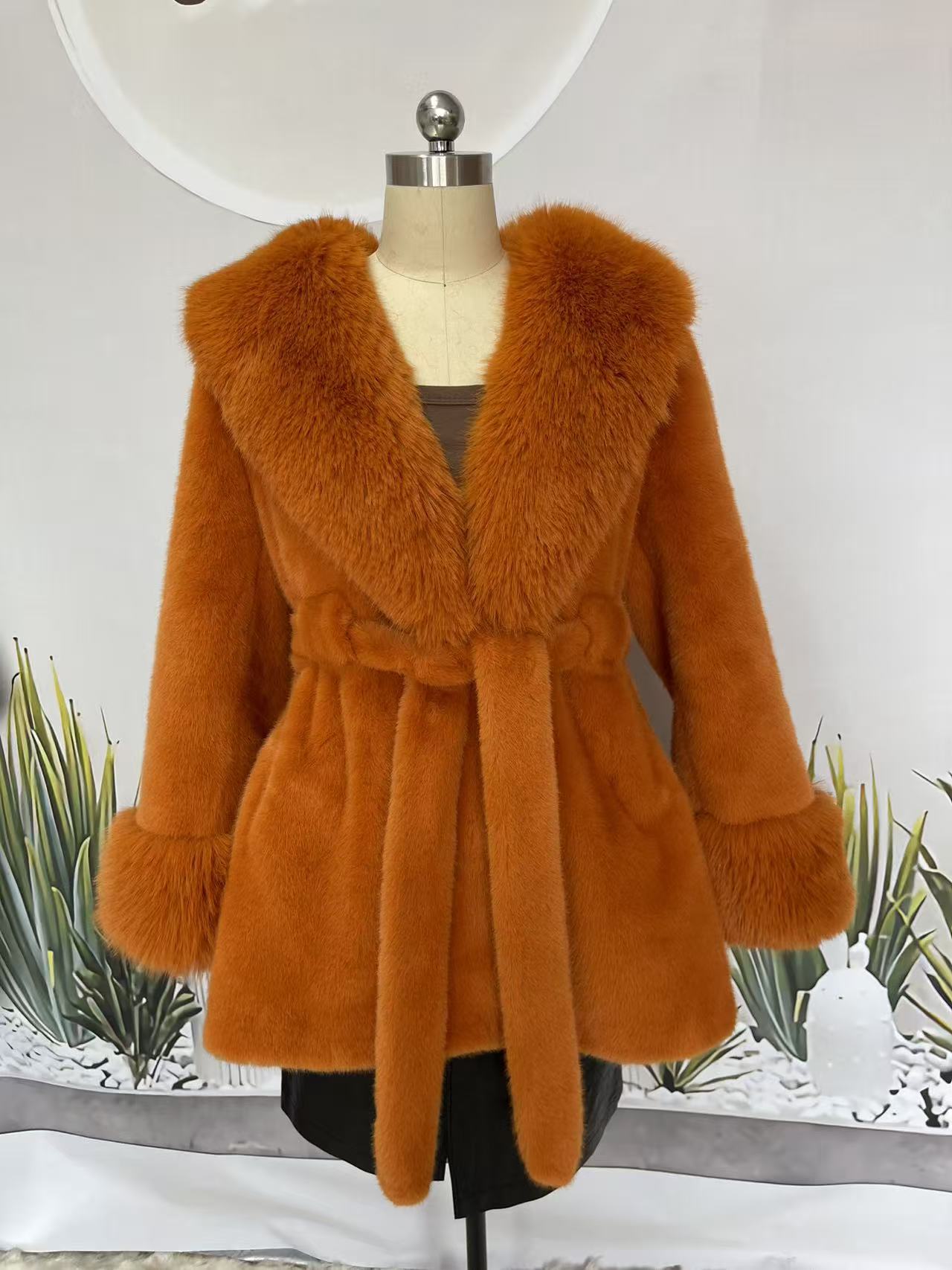 Big Fur Collar Long Mink Faux Fox Coat