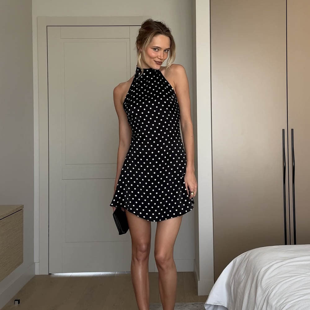 black polka dot round neck sleeveless mini dress