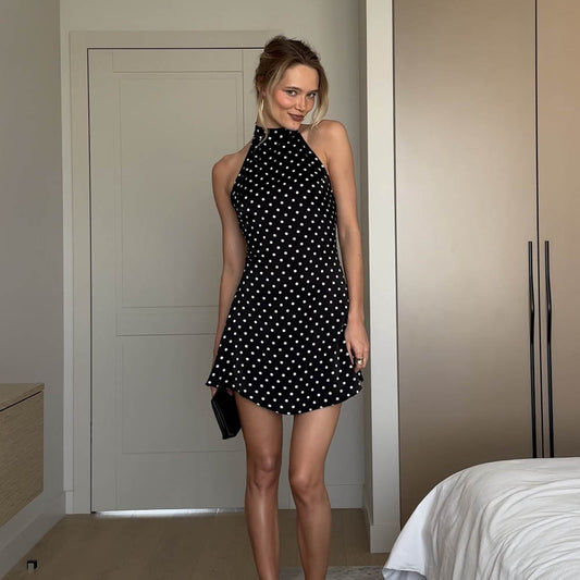 black polka dot round neck sleeveless mini dress