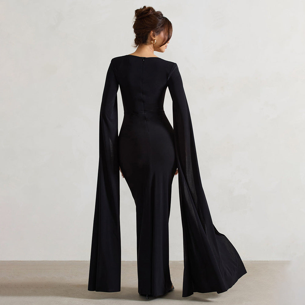 black square neck long sleeve high slit dress