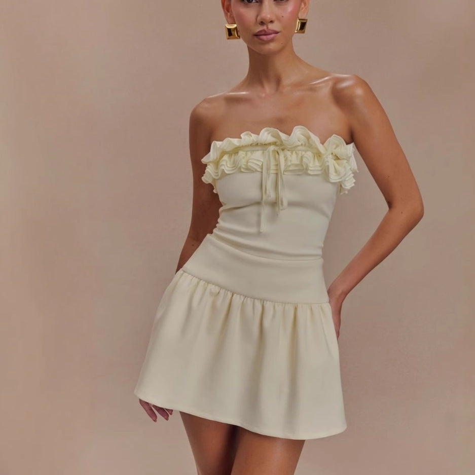 Ruffled strapless knit mini skirt