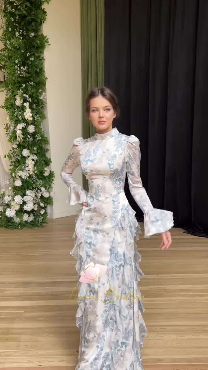 blue print satin long sleeve maxi dress