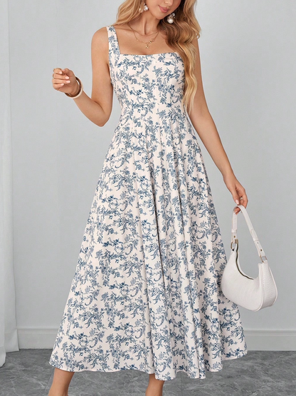 blue and white floral camisole dress