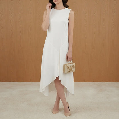white crew neck sleeveless irregular dress