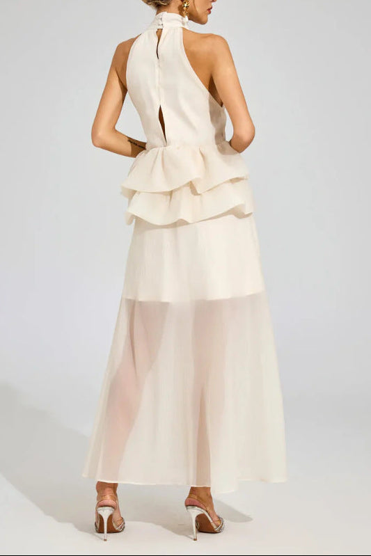 apricot sleeveless halterneck fluffy ruffled dress